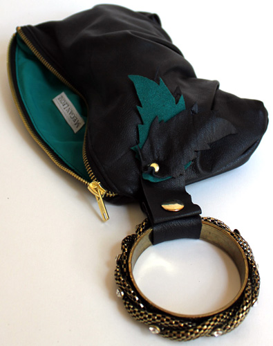 Megan Leone Black and Teal Leather Bracelet Handbag