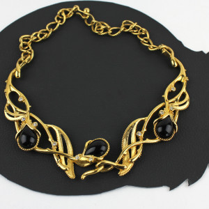 Art Nouveau Gold Black Rhinestone Vine Tear Drop Necklace v2