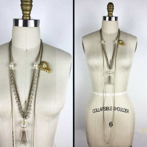 Faux Pearl and Gold Chain Necklace and Broach Set v5