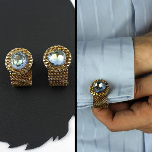 Baby Blue Stone in Gold Wrap Around Cuff Links v7
