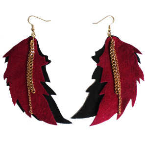 Fuschia Black Gold Leather Feather Earrings v1