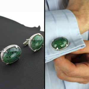 Green Speckled Oval Set in Silver Cuff Links v7