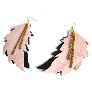 Pale Pink Charcoal Grey Leather Feather Earrings v4