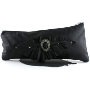 Black Leather Fox Clutch with Fringe Cuff and Cameo v3