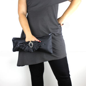 Black Leather Fox Clutch with Fringe Cuff and Cameo v8