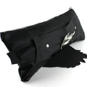 Black Leather Fox Clutch with Silver Leaf Brooch v3