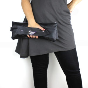 Black Leather Fox Clutch with Silver Leaf Brooch v7