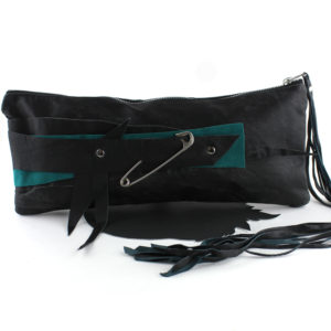 Black Teal Leather Fox Clutch with Large Safety Pin v2